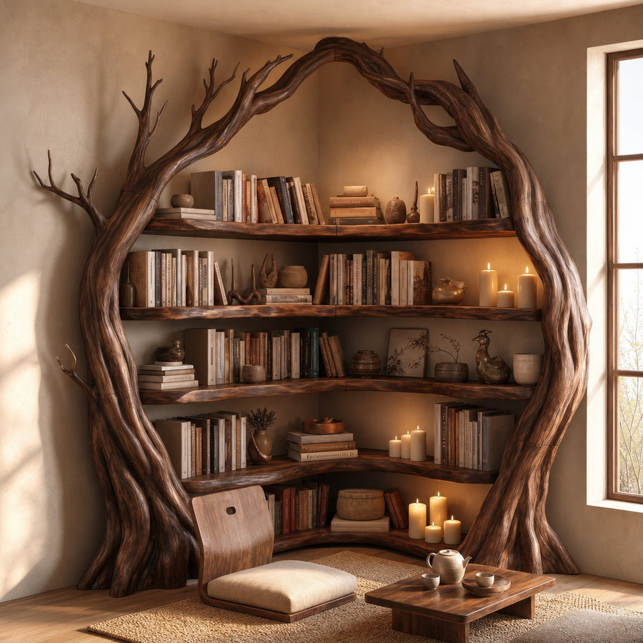 Statement Tree Corner Bookshelf For Living Room And Reading Nook
