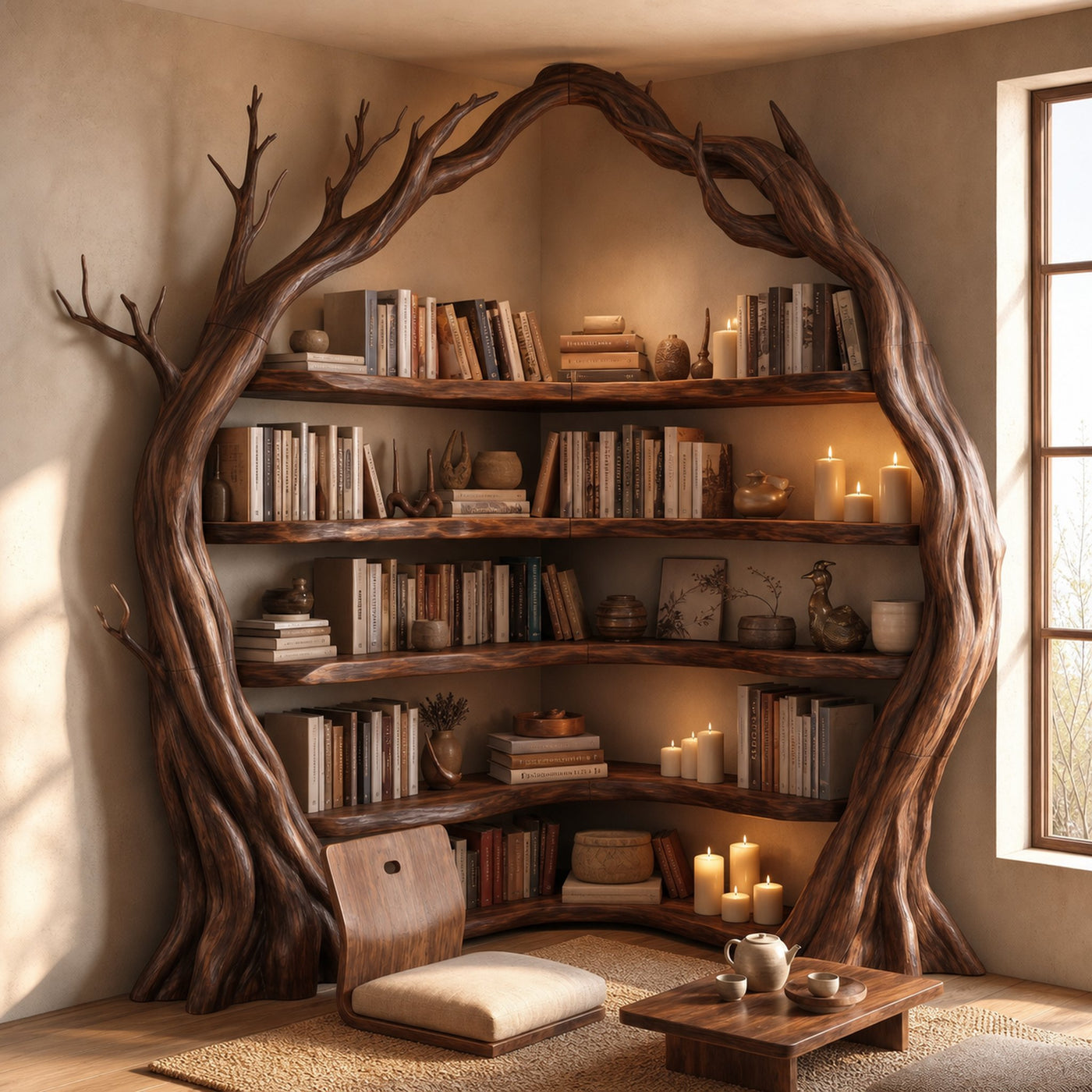 Statement Tree Corner Bookshelf For Living Room And Reading Nook
