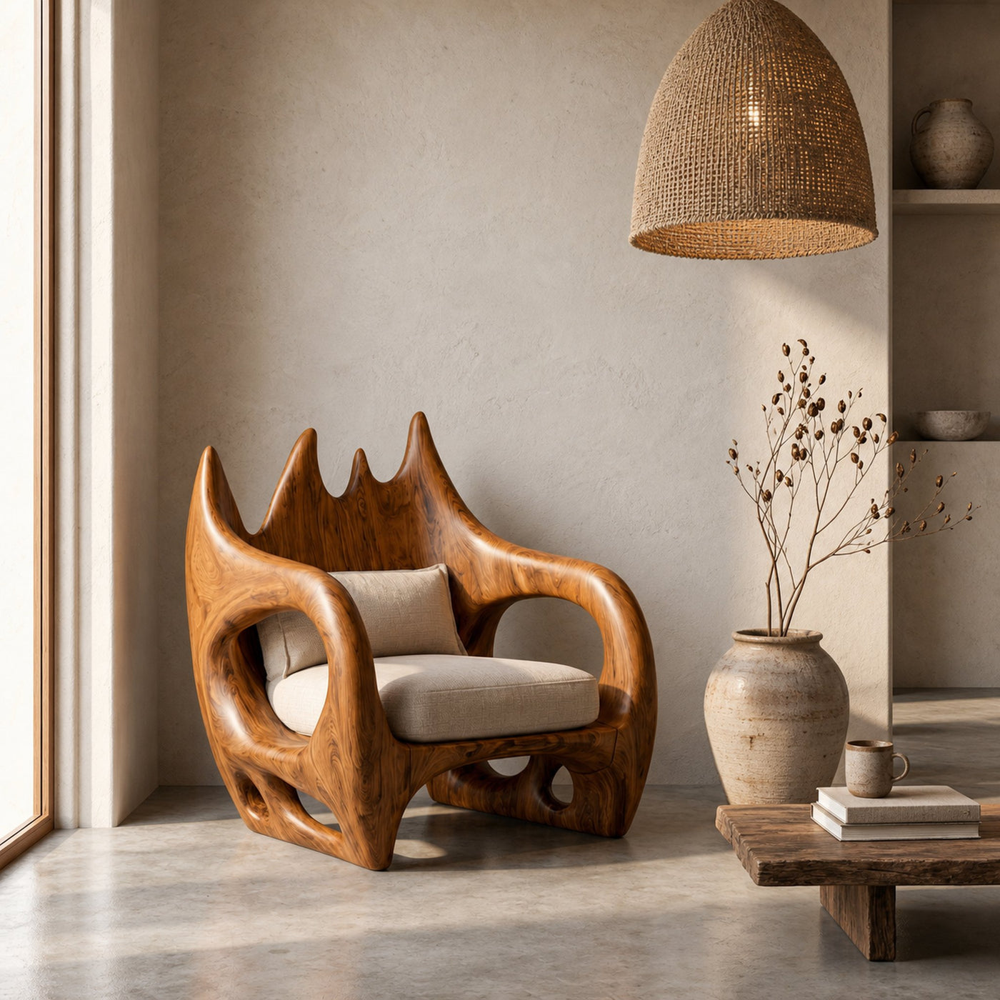 Statement Wooden Armchair With Nature Inspired Design For Reading Nook