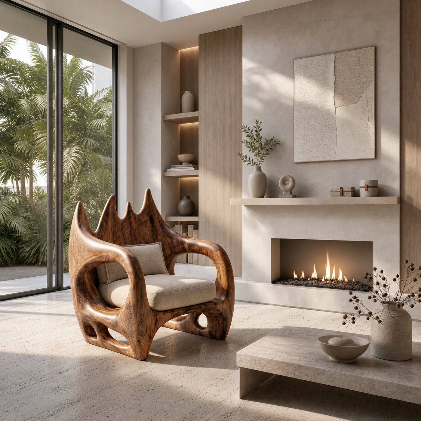 Statement Wooden Armchair With Nature Inspired Design For Reading Nook - product view 2