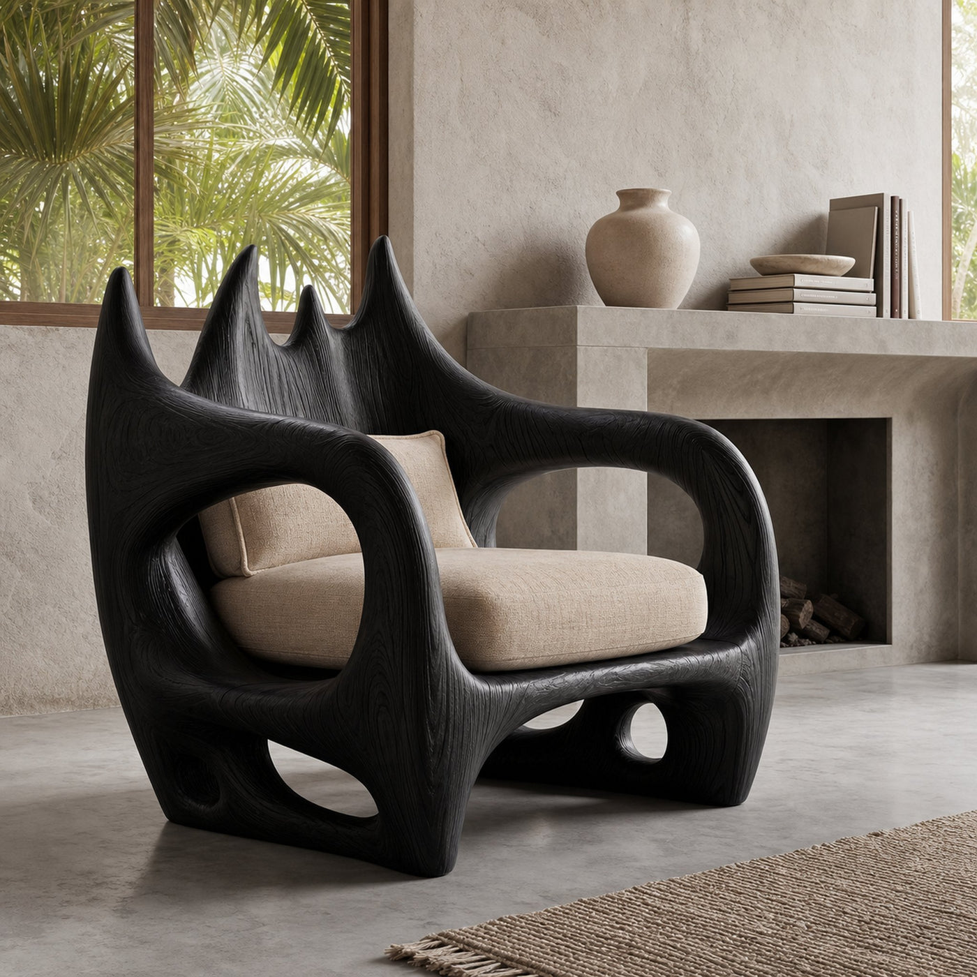 Statement Wooden Armchair With Nature Inspired Design For Reading Nook - product view 4
