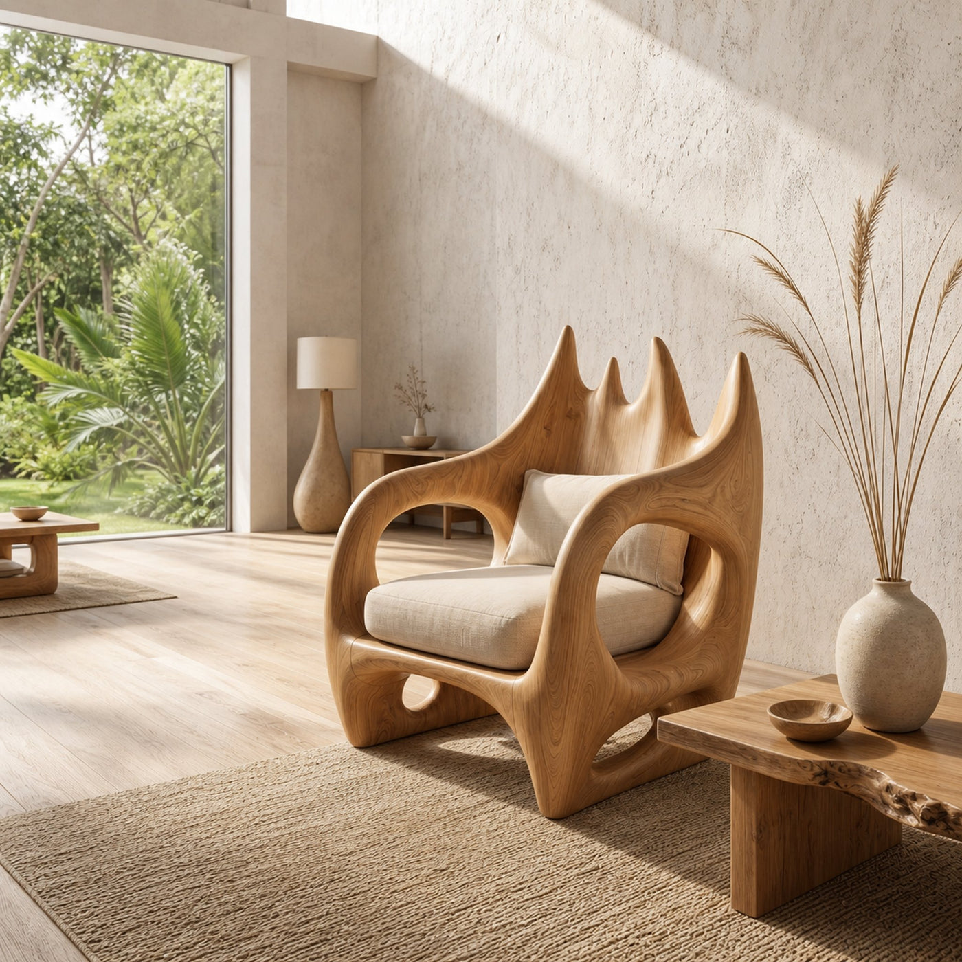 Statement Wooden Armchair With Nature Inspired Design For Reading Nook - product view 5