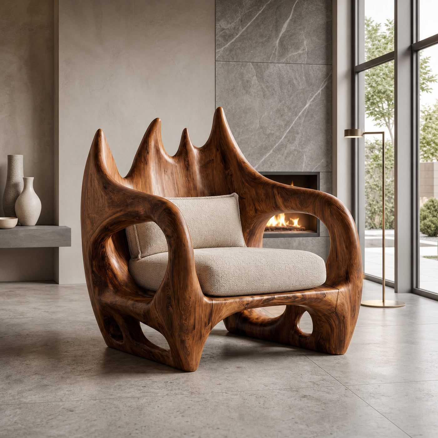 Statement Wooden Armchair With Nature Inspired Design For Reading Nook - product view 6