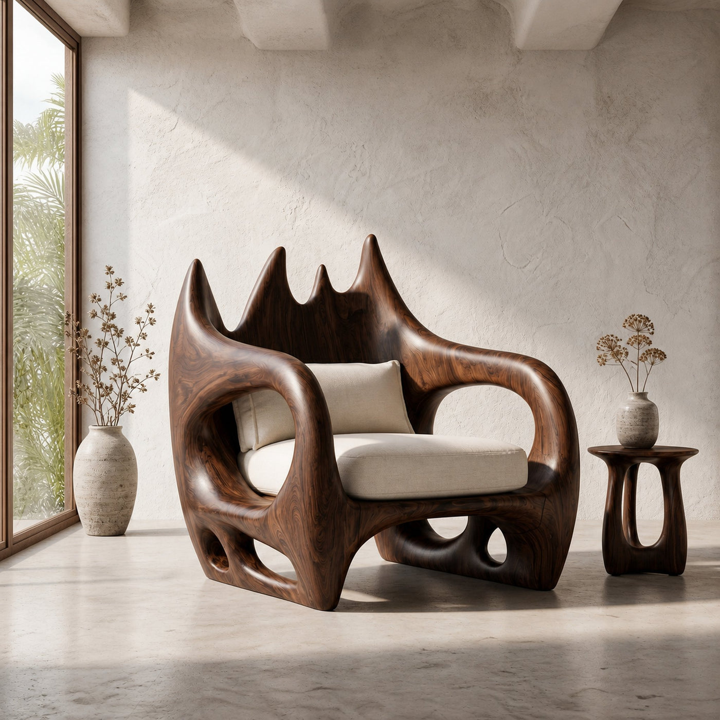 Statement Wooden Armchair With Nature Inspired Design For Reading Nook - product view 7