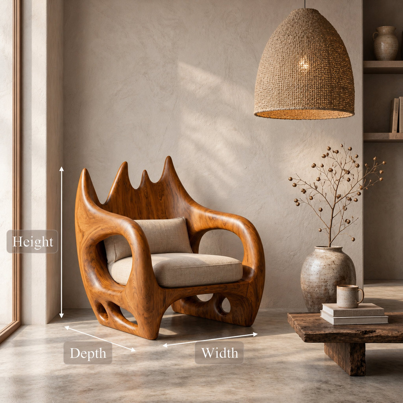 Statement Wooden Armchair With Nature Inspired Design For Reading Nook - product view 8