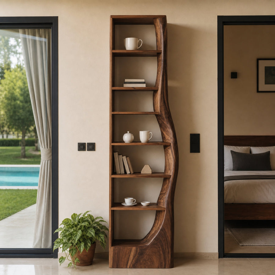 Tall Organic Bookshelf With Curved Design For Living Room Or Bedroom