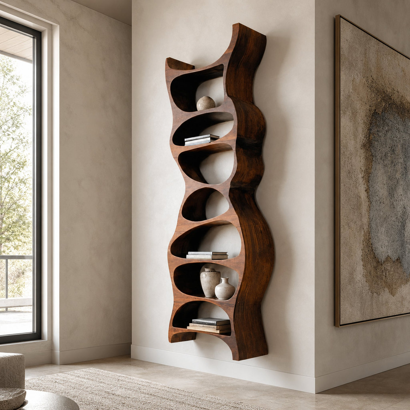 Tall Sculptural Wall Mounted Bookshelf For Living Room