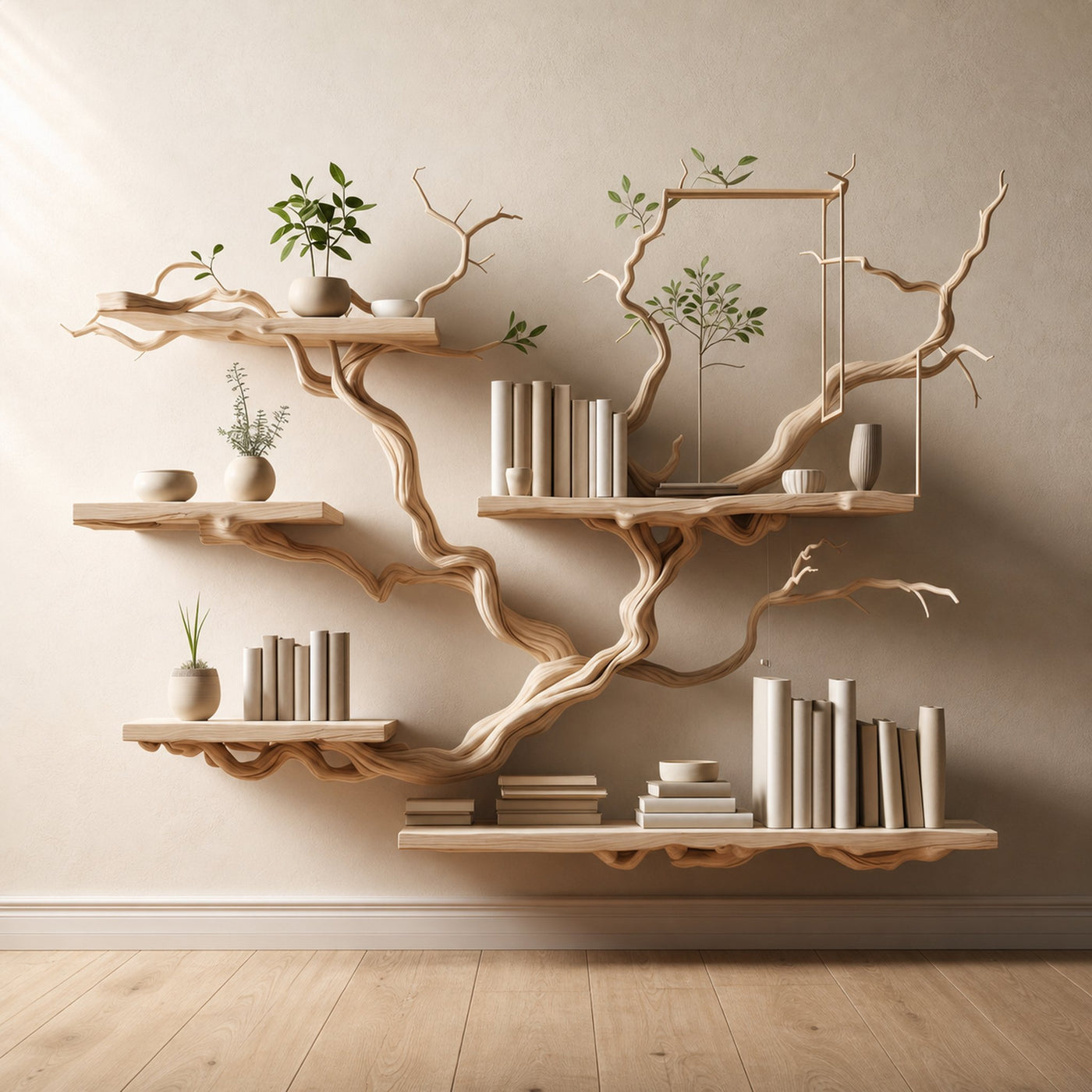 Tree Books Shelf Decor Solid Wood Carving