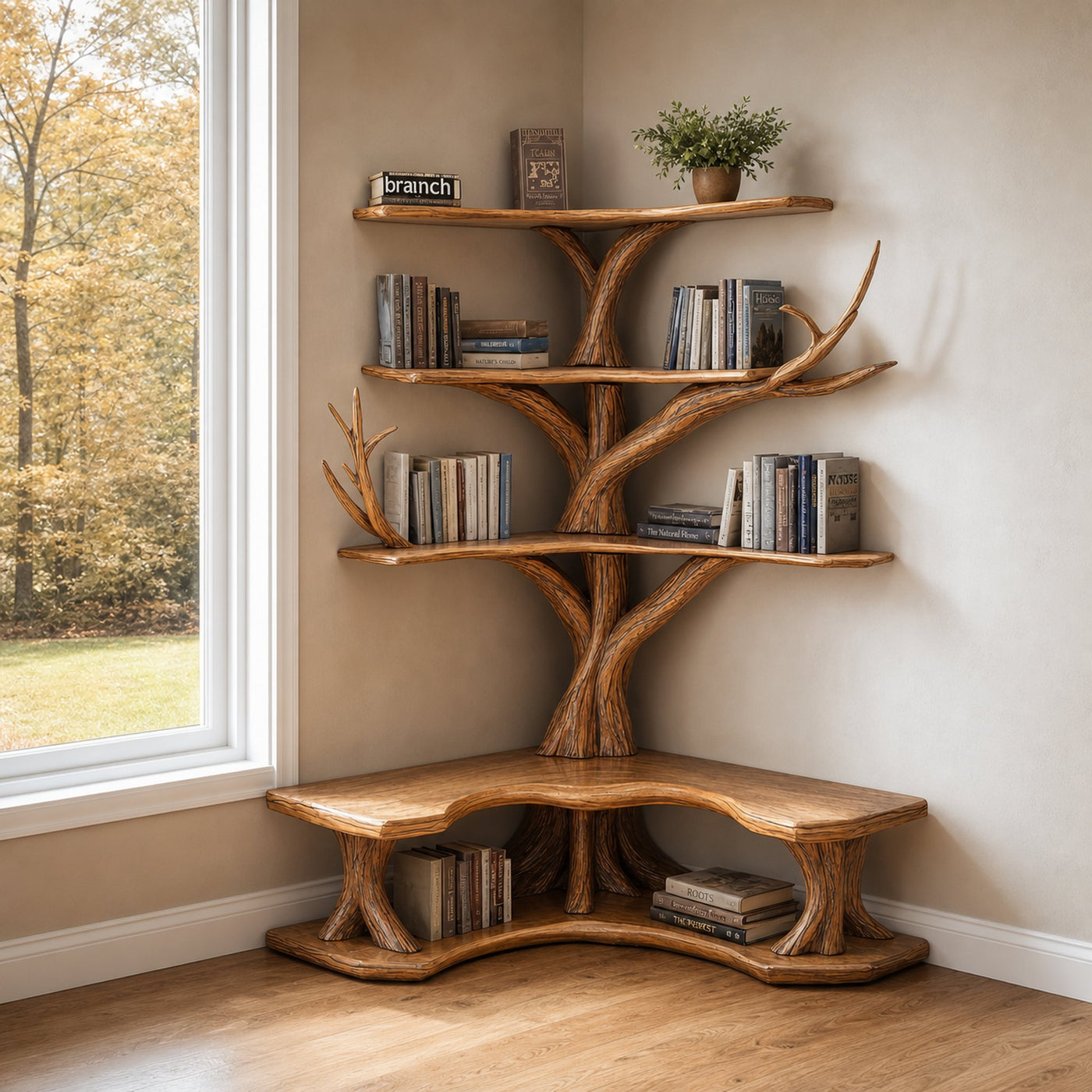 Tree Bookshelf With Corner Bench Lshaped Bench Driftwood Branch