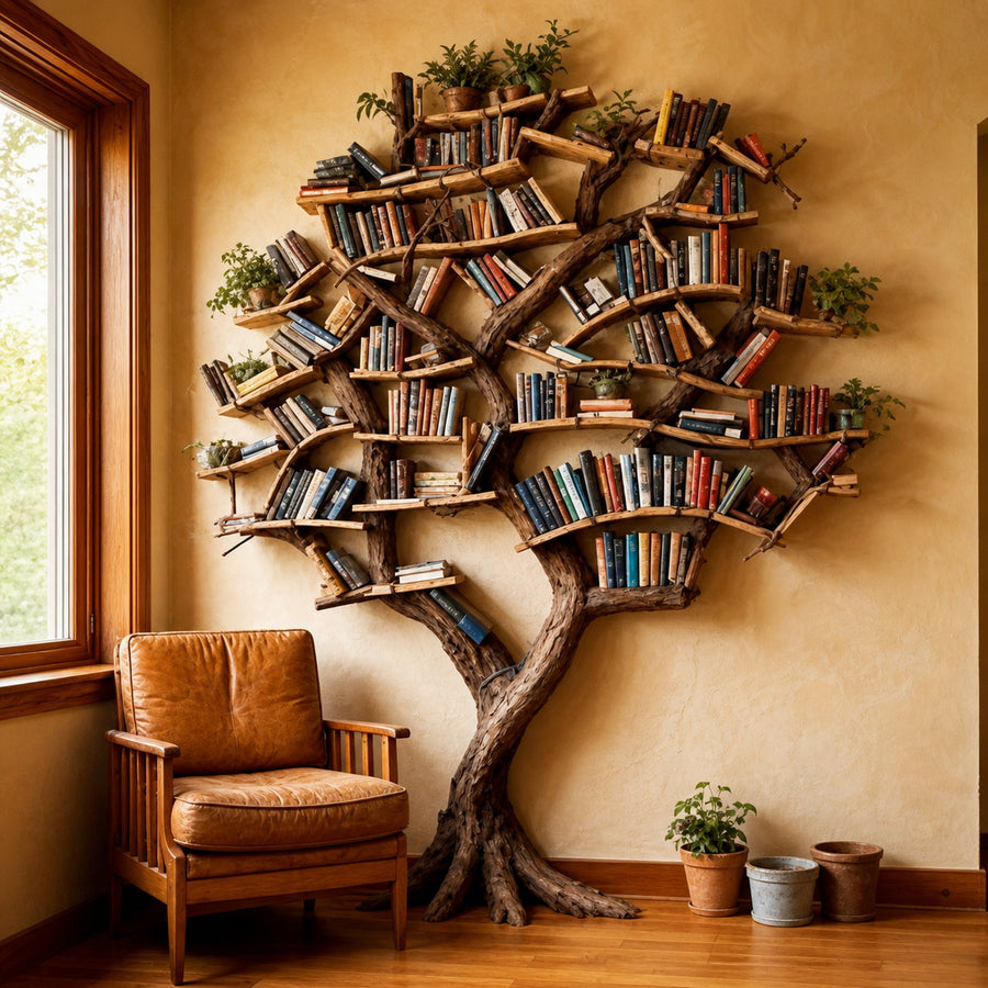 Tree Branch Bookshelf Decor Solid Wood Carving