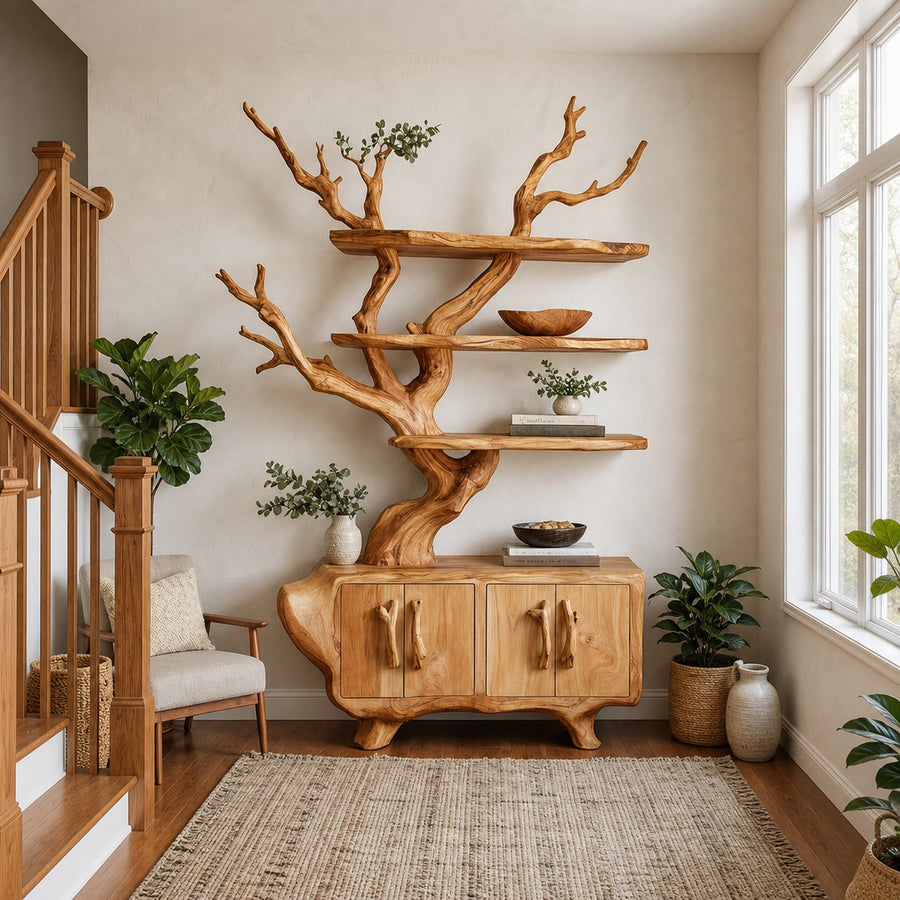 Tree Branch Bookshelf With Storage Cabinet For Entryway And Living Room Space