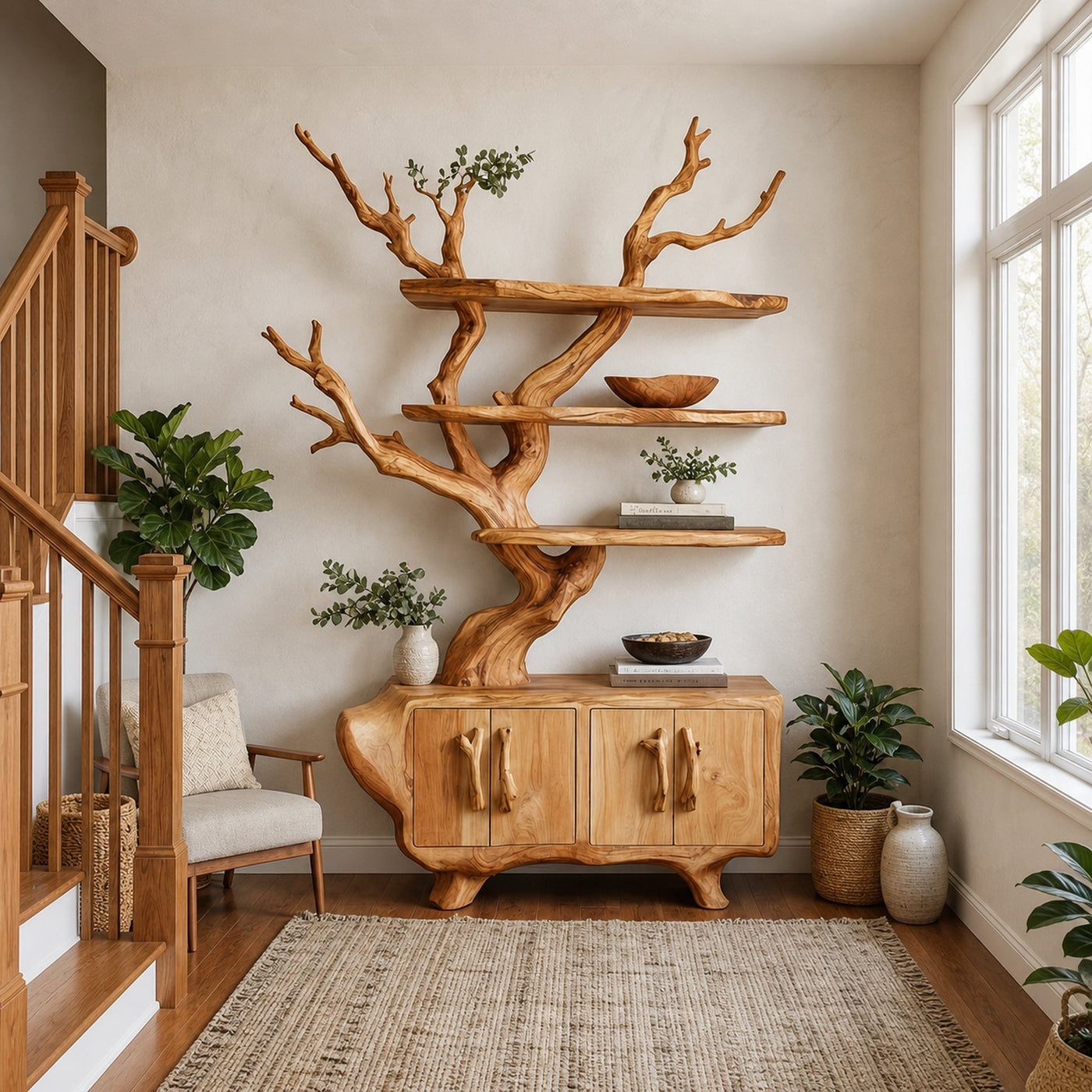 Tree Branch Bookshelf With Storage Cabinet For Entryway And Living Room Space