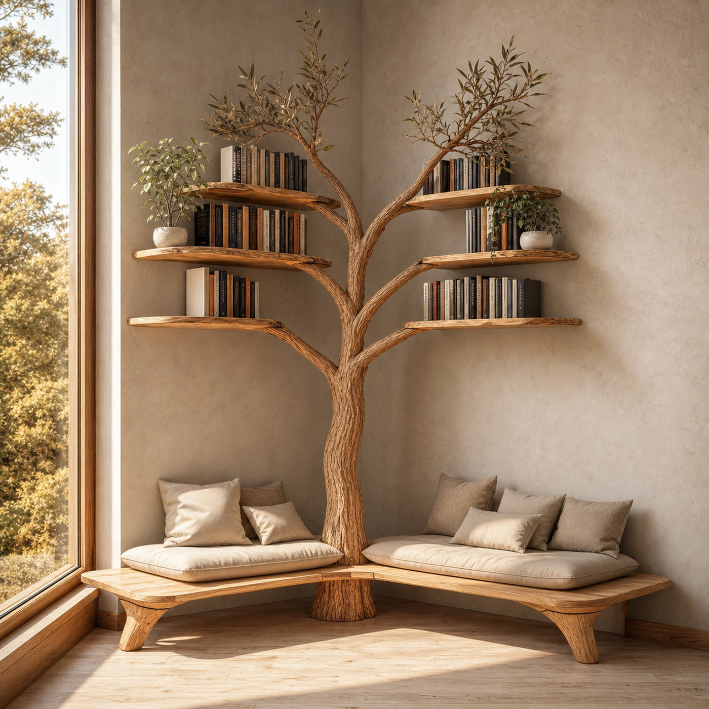 Tree Branch Floating Corner Shelf With Entryway Bench