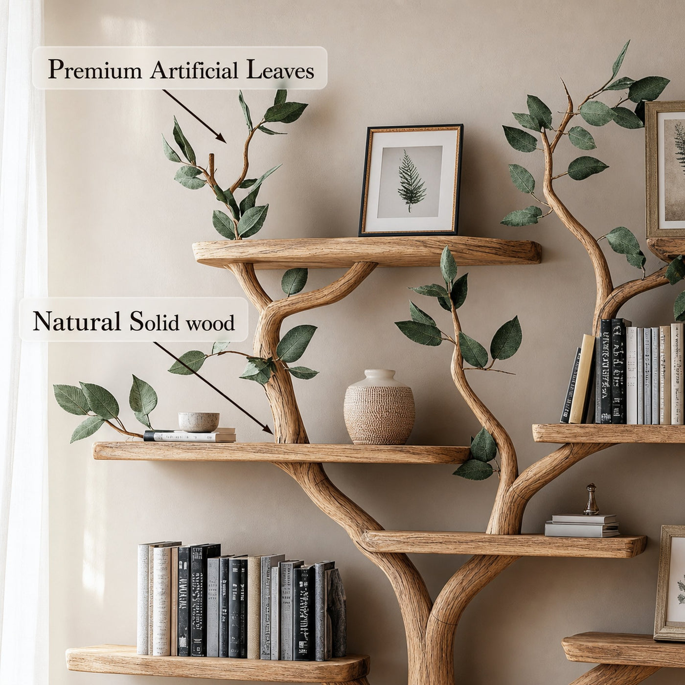Tree Branch Shelf Fake Leave Solid Wood Bookcase - product view 5