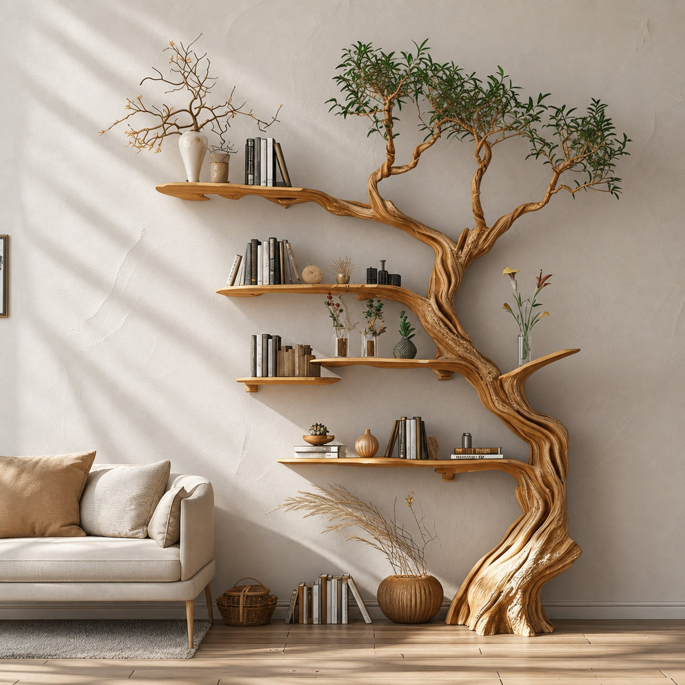 Tree Branch Shelves Solid Wood Bookcase