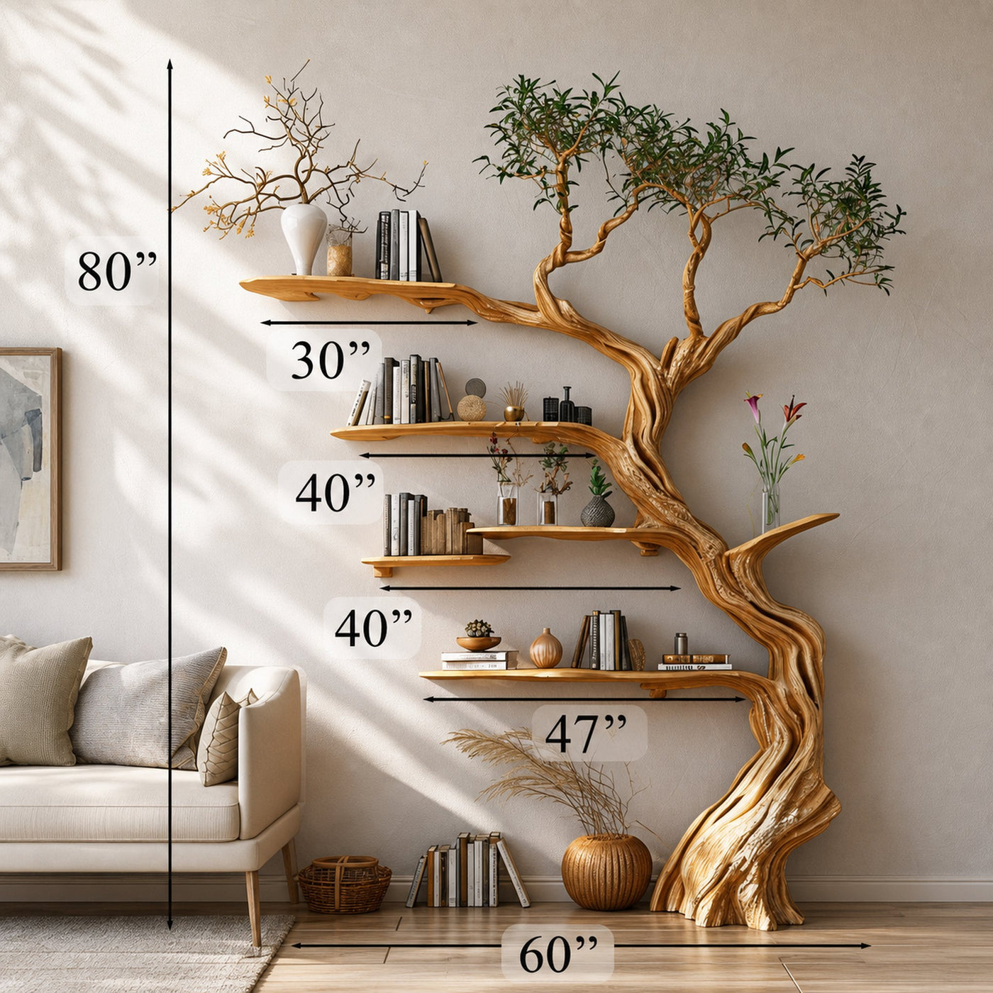 Tree Branch Shelves Solid Wood Bookcase - product view 2