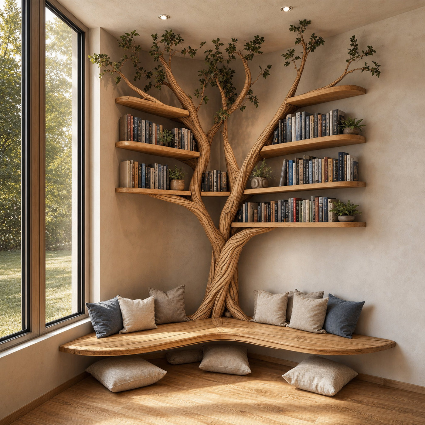 Tree Floating Corner Bookshelf With Corner Bench Lshaped Bench