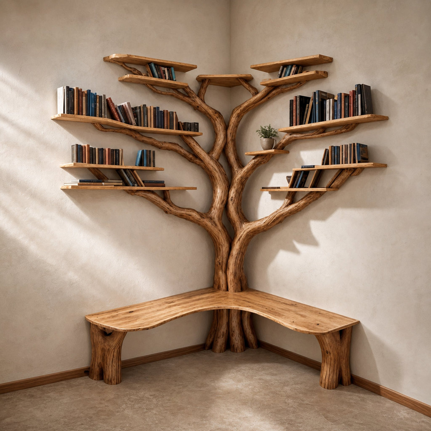 Tree Floating Corner Bookshelf With Corner Bench lshaped