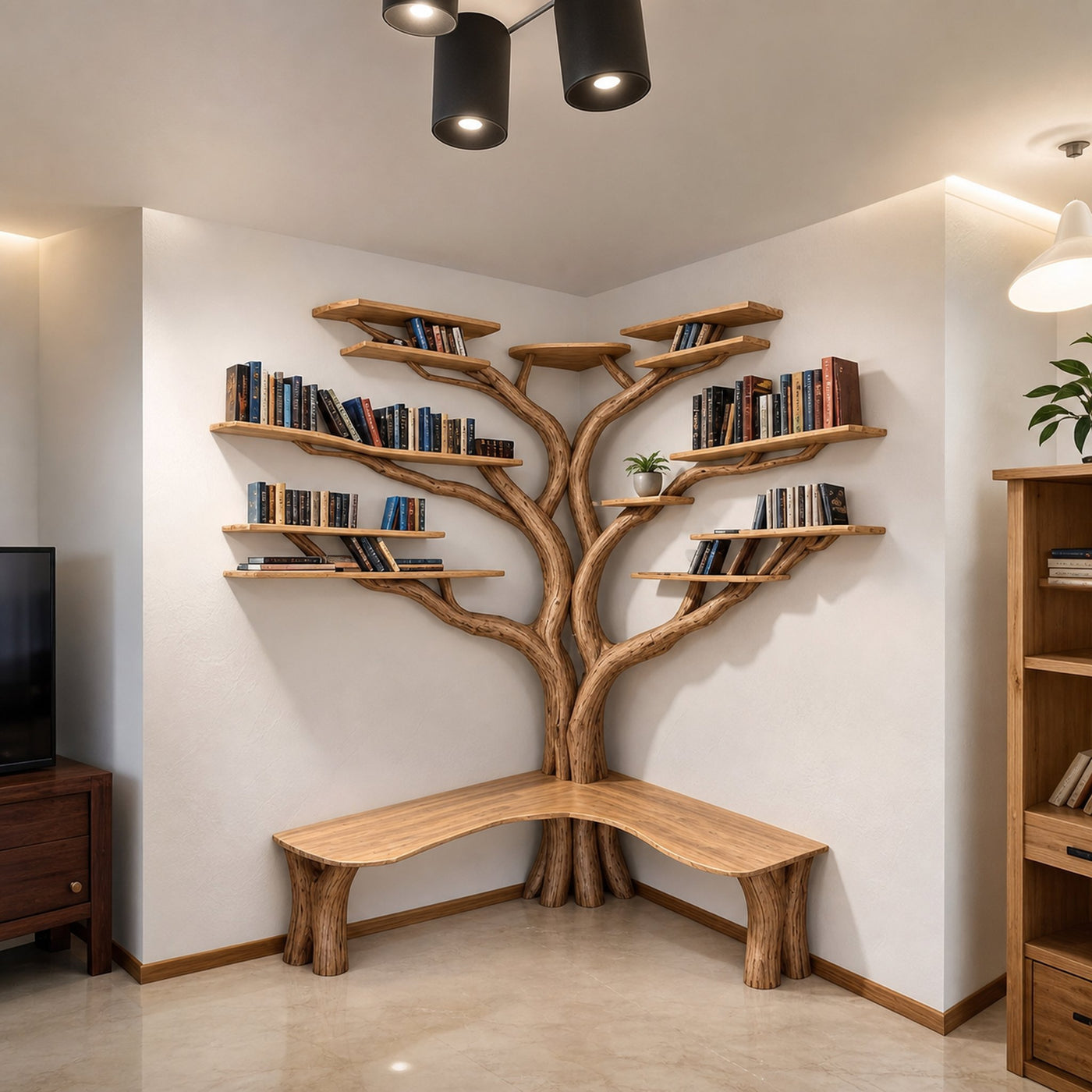 Tree Floating Corner Bookshelf With Corner Bench lshaped - product view 2
