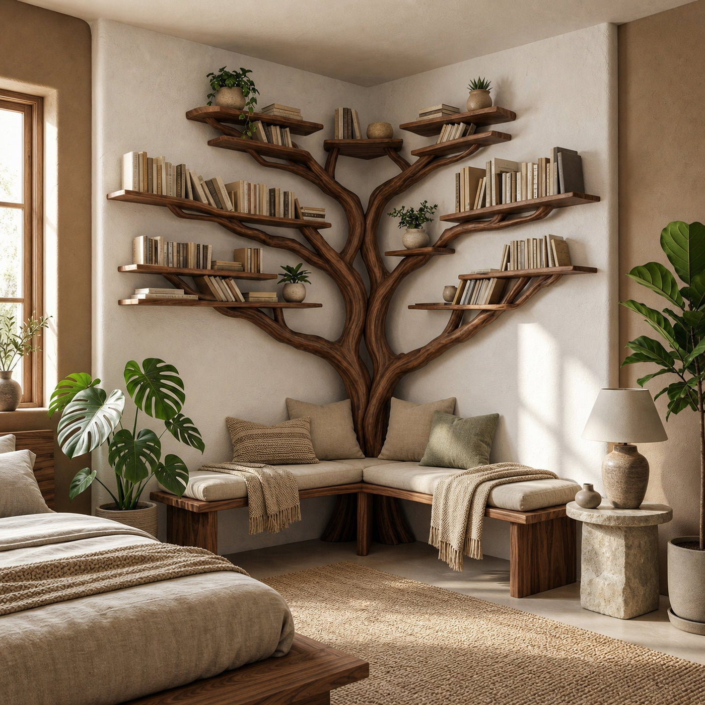 Tree Floating Corner Bookshelf With Corner Bench lshaped - product view 6