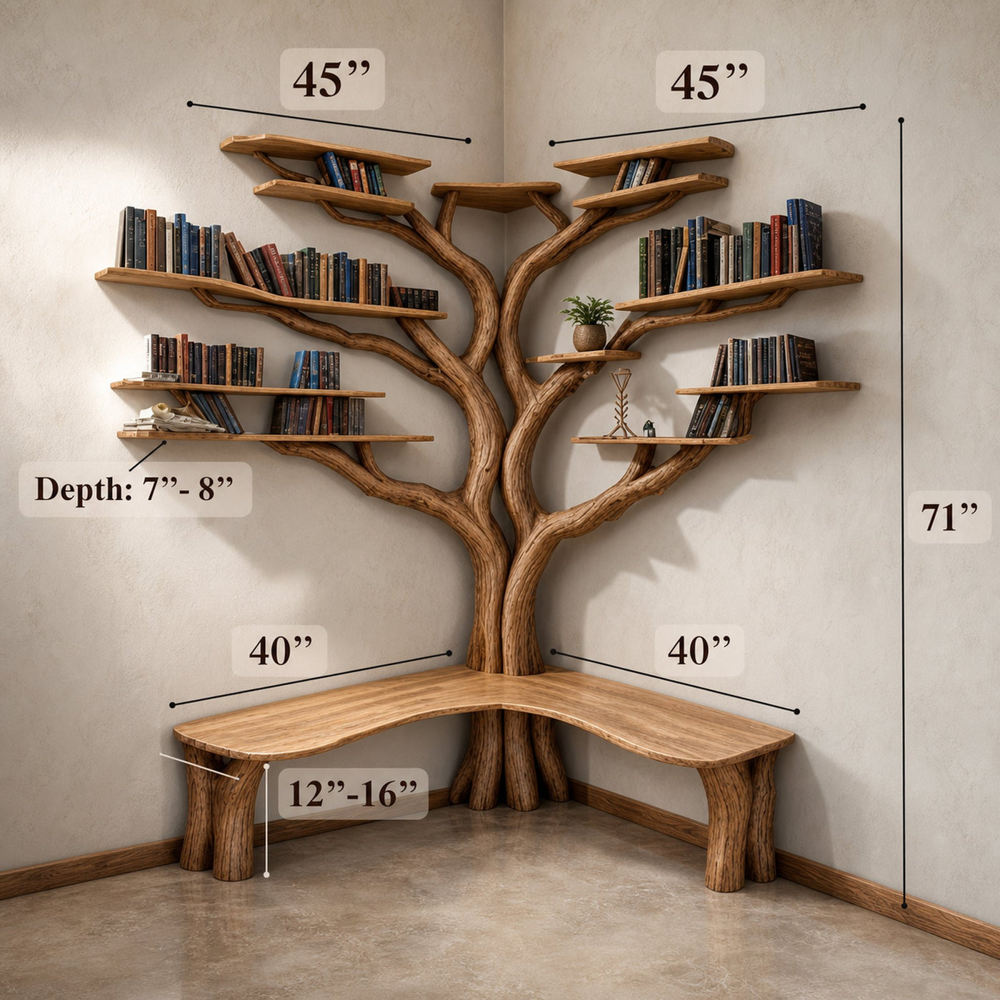 Tree Floating Corner Bookshelf With Corner Bench lshaped - product view 8