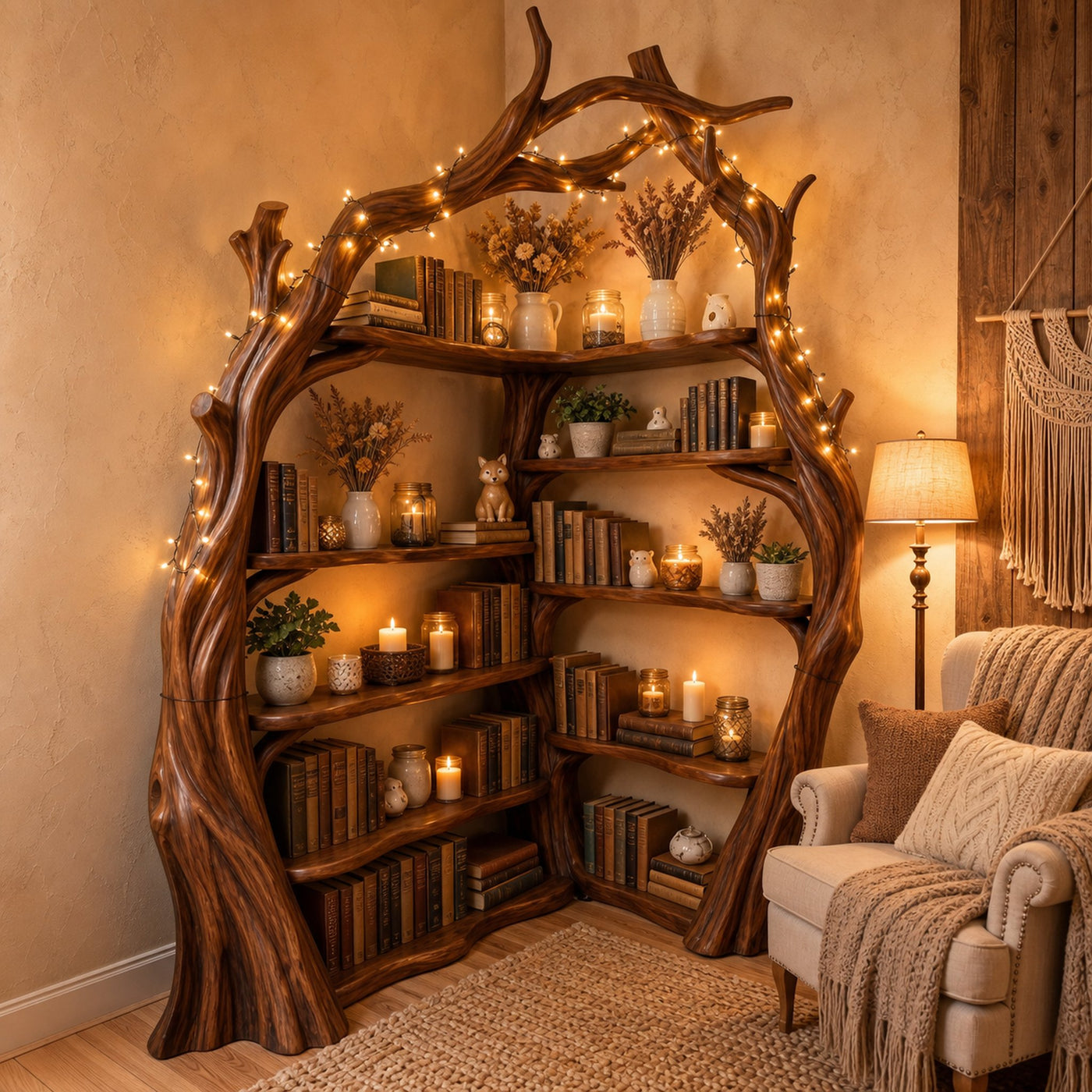 Tree Wall Bookshelf Corner Storage Bookcase Wooden Display Shelf For Living Room Bedroom Decor