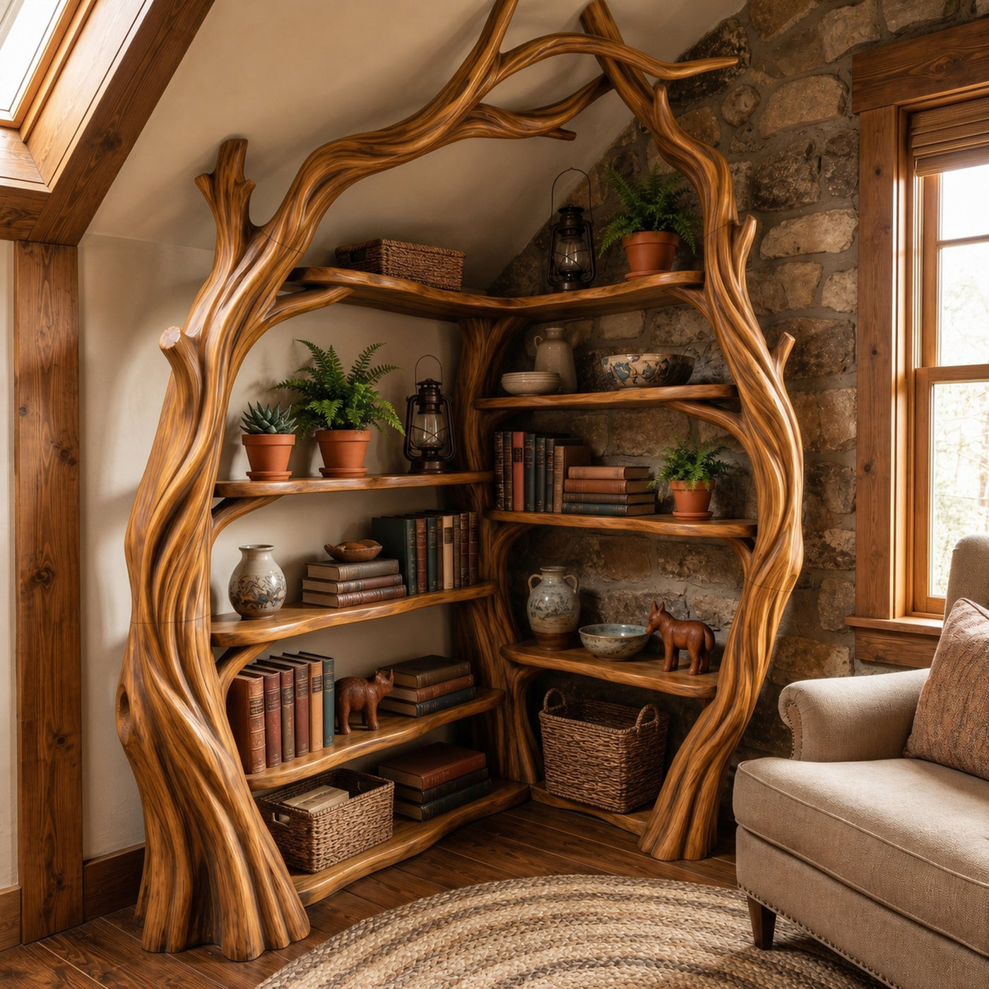 Tree Wall Bookshelf Corner Storage Bookcase Wooden Display Shelf For Living Room Bedroom Decor - product view 6