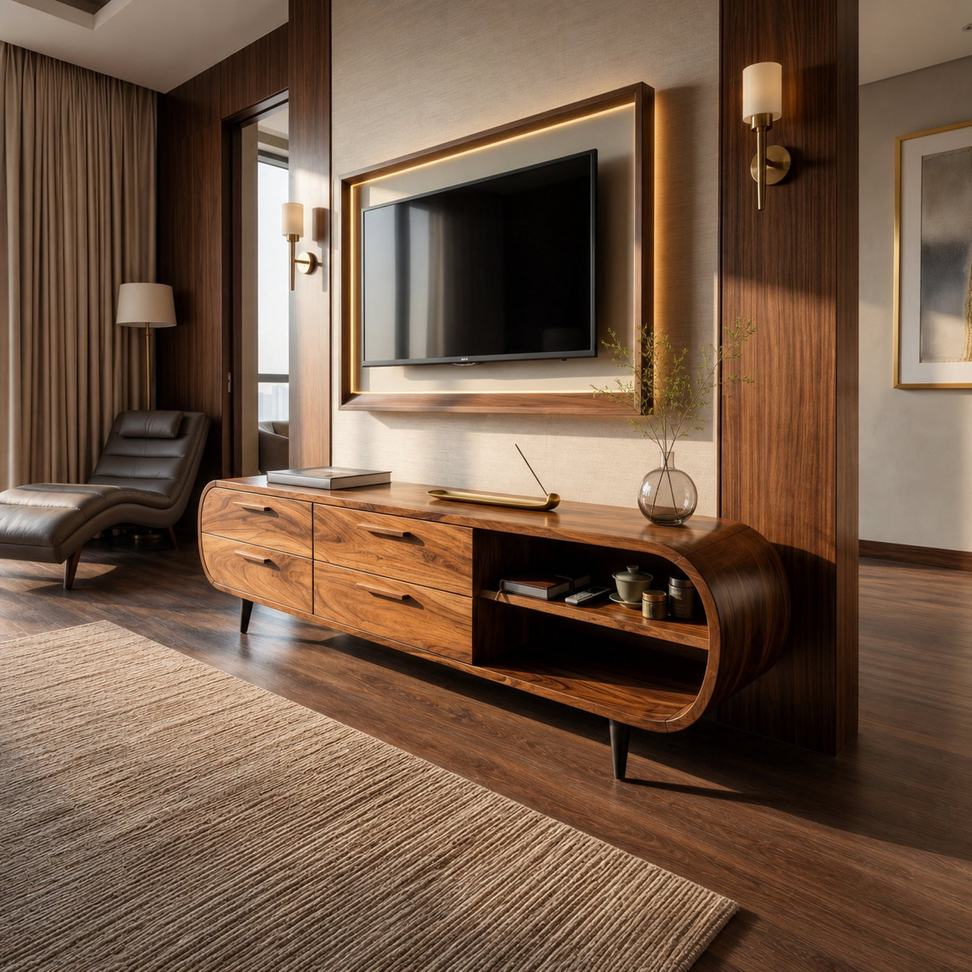 Warm Minimalist Wooden TV Console For Modern Luxury Interior