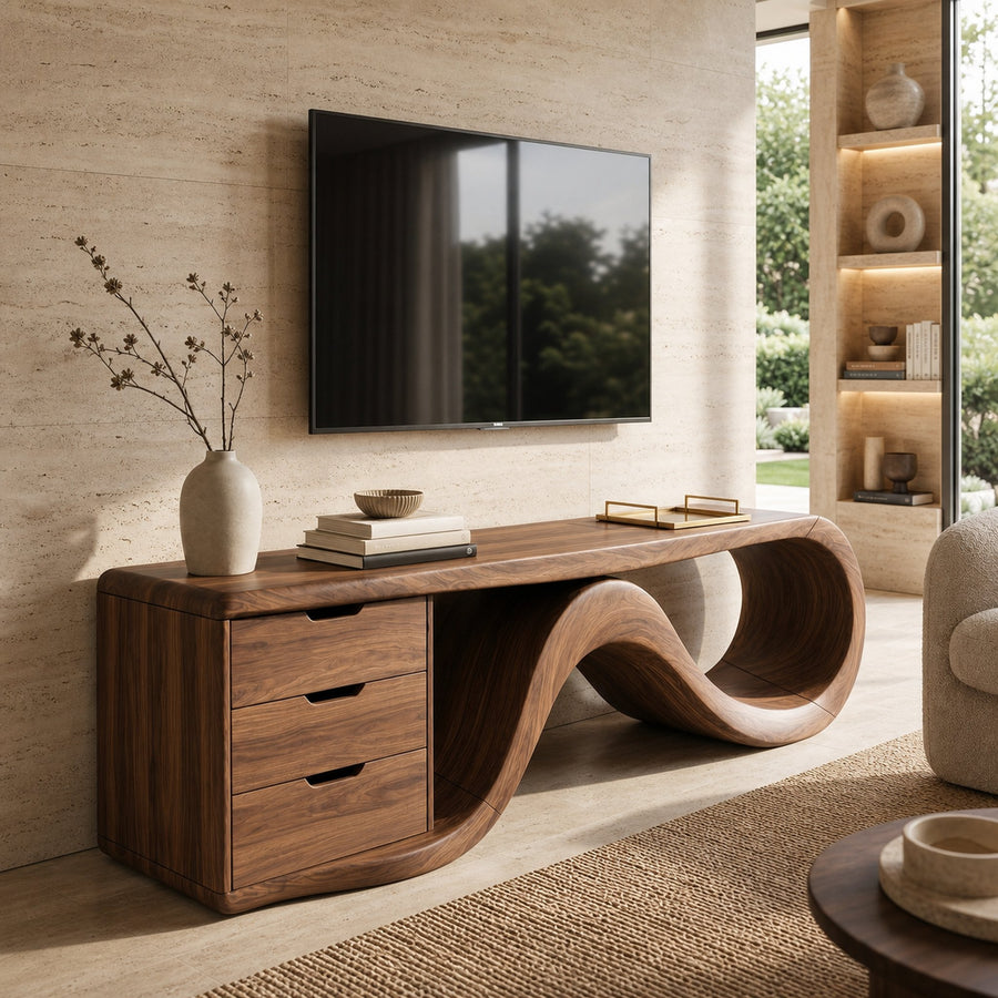 Wave Form Wooden Media Console Luxury Residence