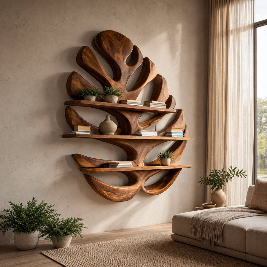 Wood Monstera Leaf Bookshelf For Modern Minimalist Home