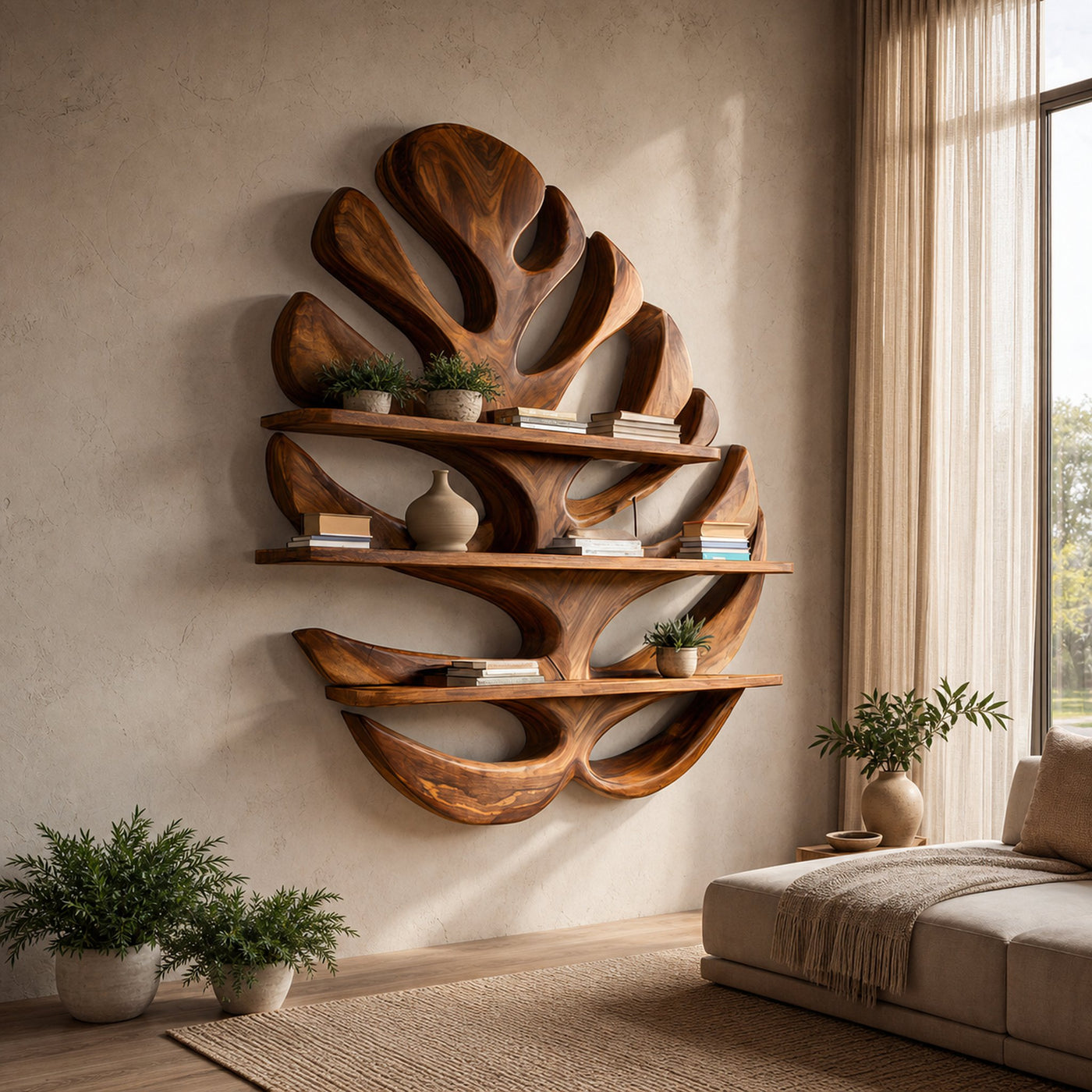 Wood Monstera Leaf Bookshelf For Modern Minimalist Home