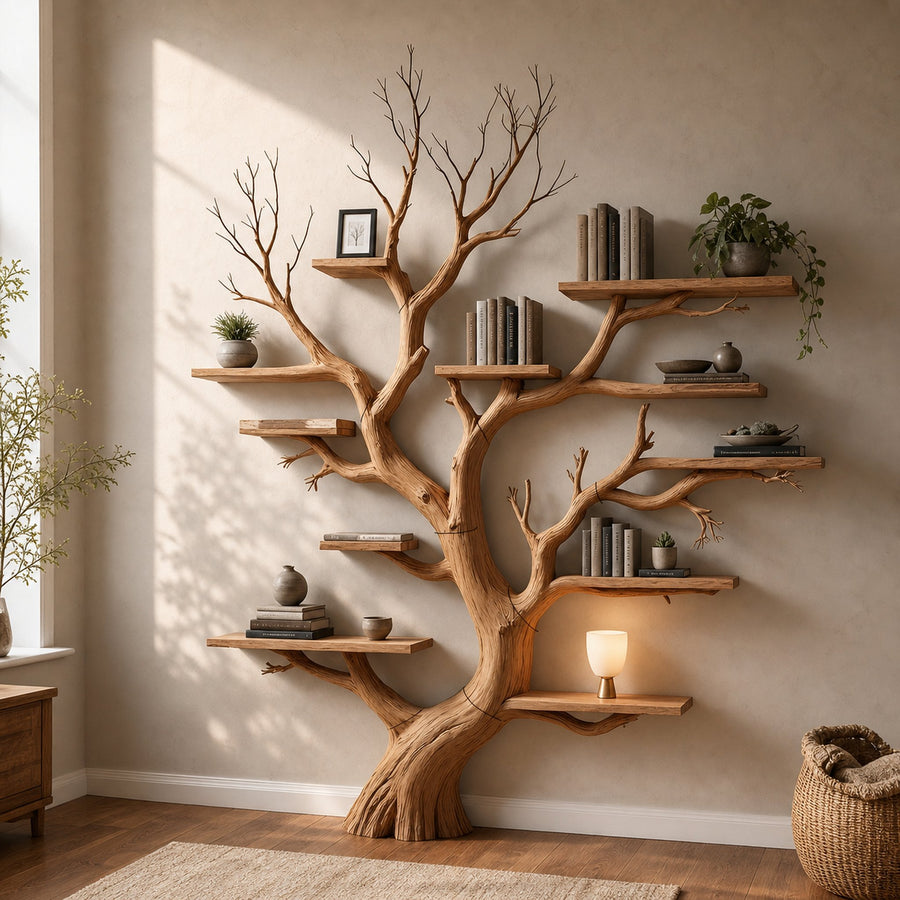 Wood Tree Bookshelf Wal Mounted Shelf Living Room