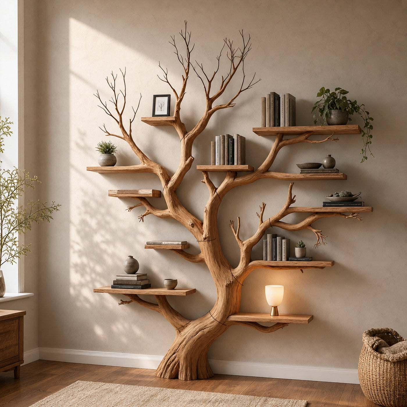 Wood Tree Bookshelf Wal Mounted Shelf Living Room
