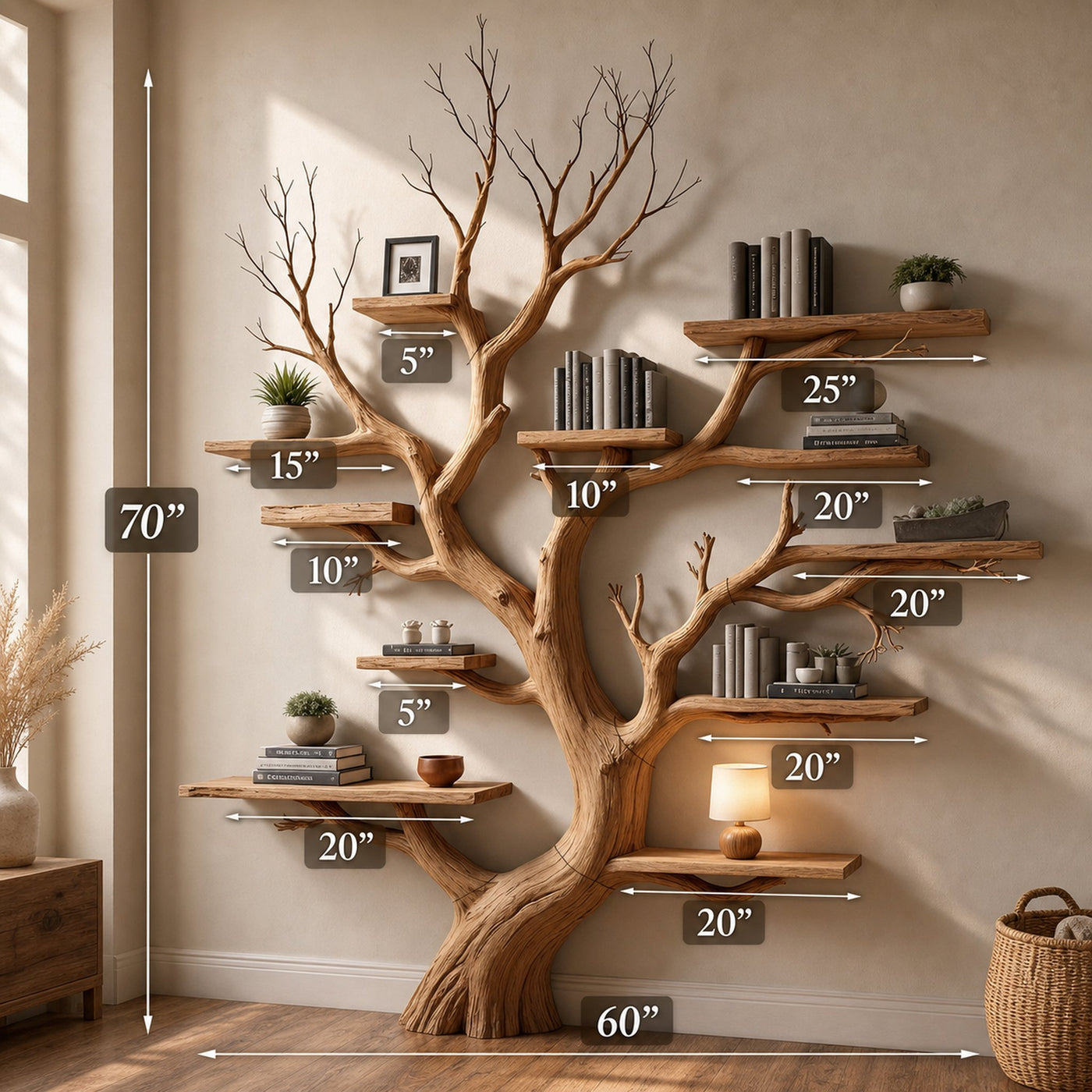 Wood Tree Bookshelf Wal Mounted Shelf Living Room - product view 6