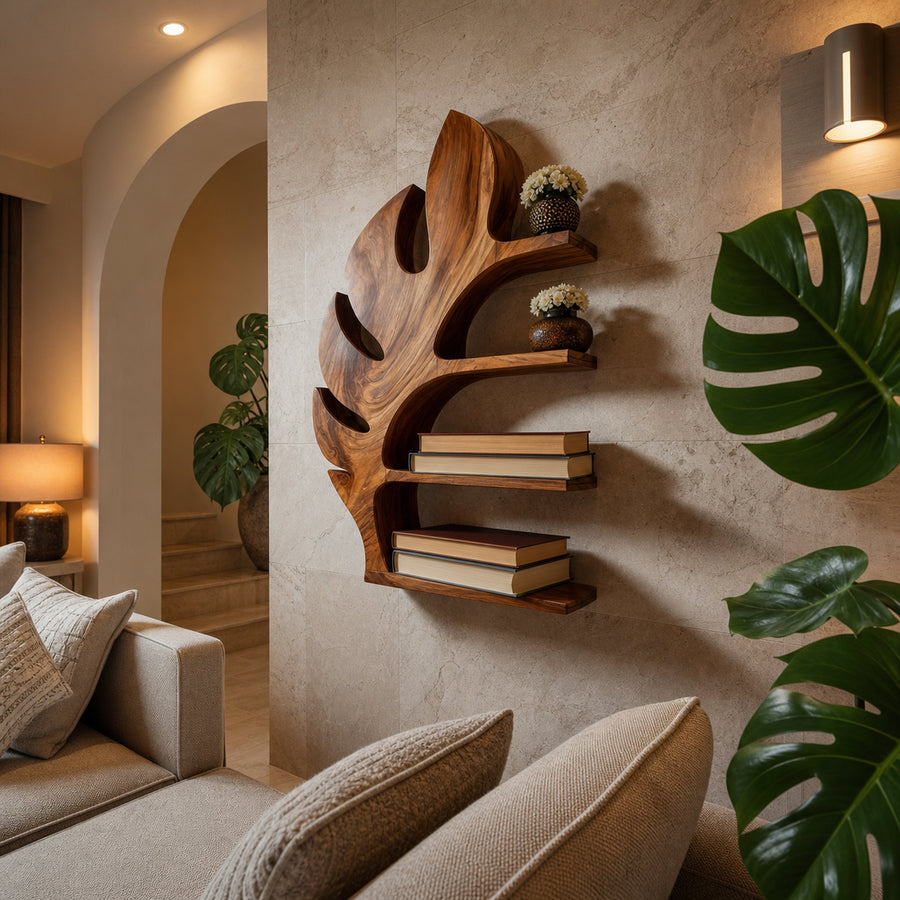 Wood Tropical Botanical Floating Bookshelf For Living Room Accent Wall