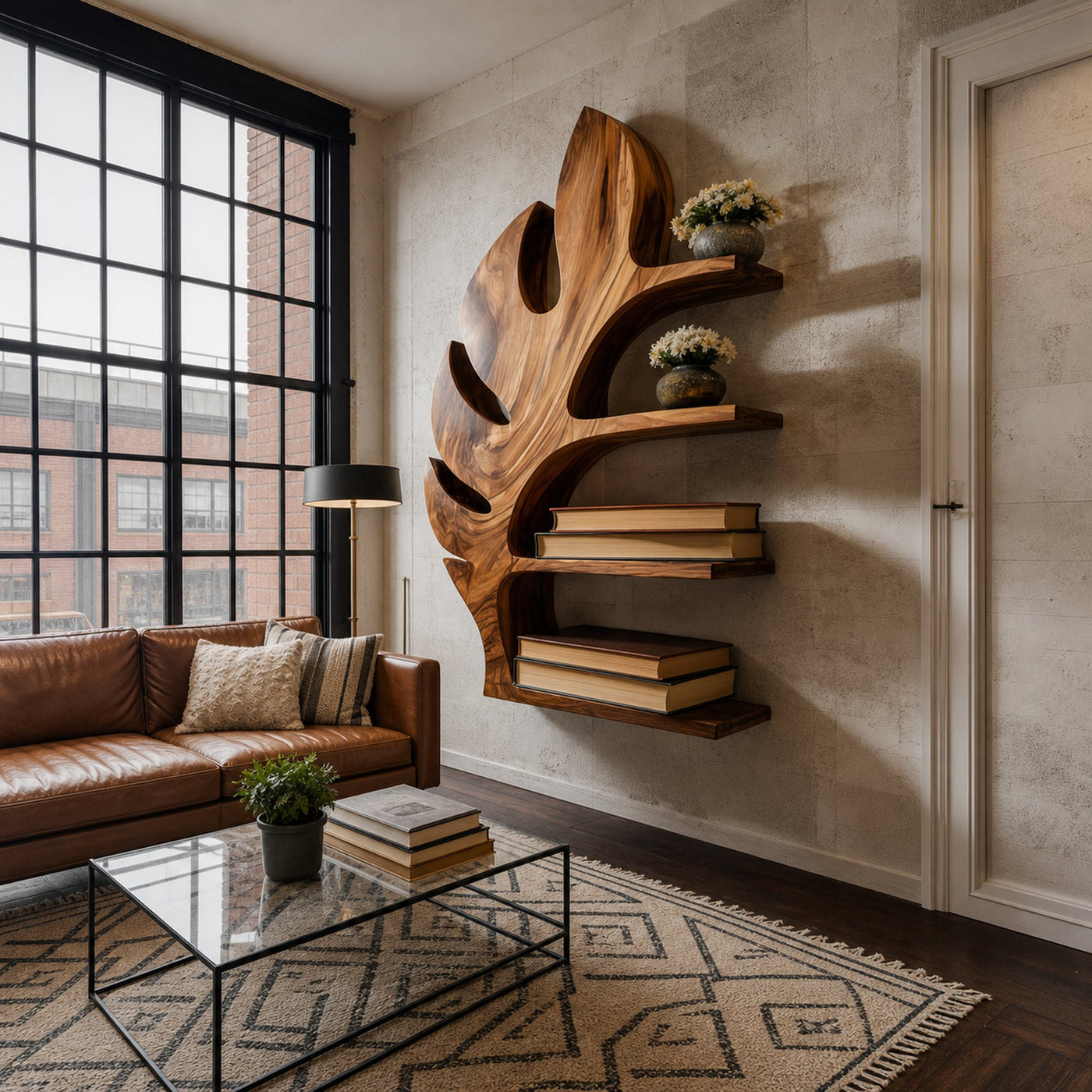 Wood Tropical Botanical Floating Bookshelf For Living Room Accent Wall - product view 7