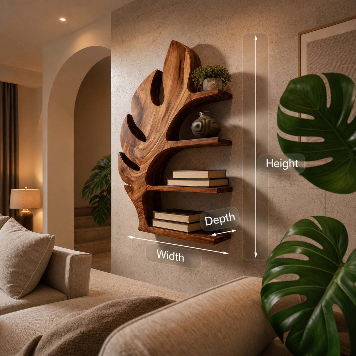 Wood Tropical Botanical Floating Bookshelf For Living Room Accent Wall - product view 8