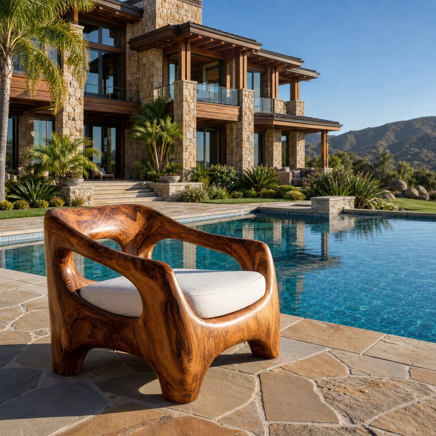 Wooden Armchair With Sculptural Frame For Porch