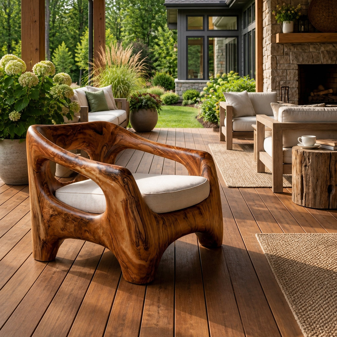 Wooden Armchair With Sculptural Frame For Porch - product view 6
