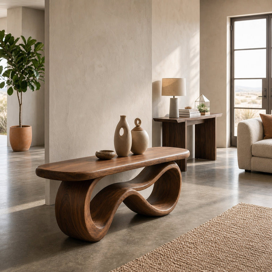 Wooden Bench With Curved Sculptural Base For Home Furniture