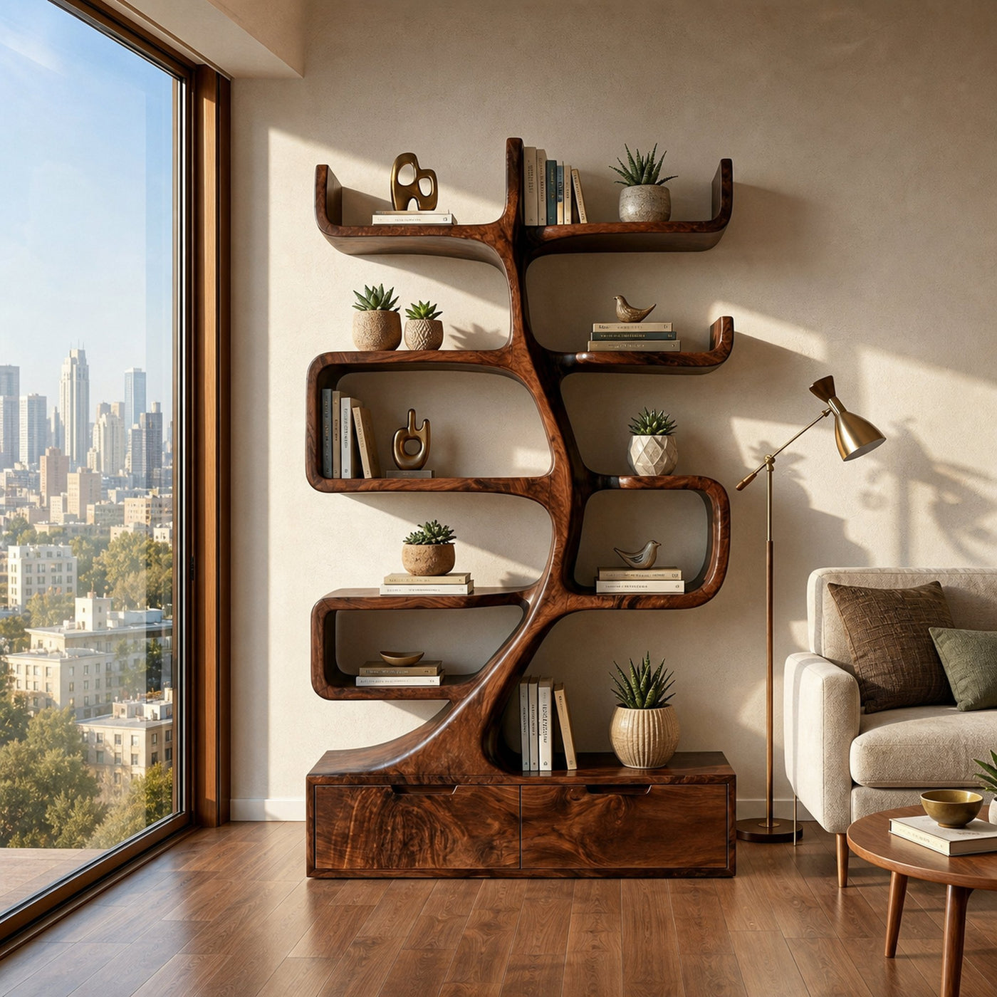 Wooden Bookcase With Tiers And Built-in Drawers For Home