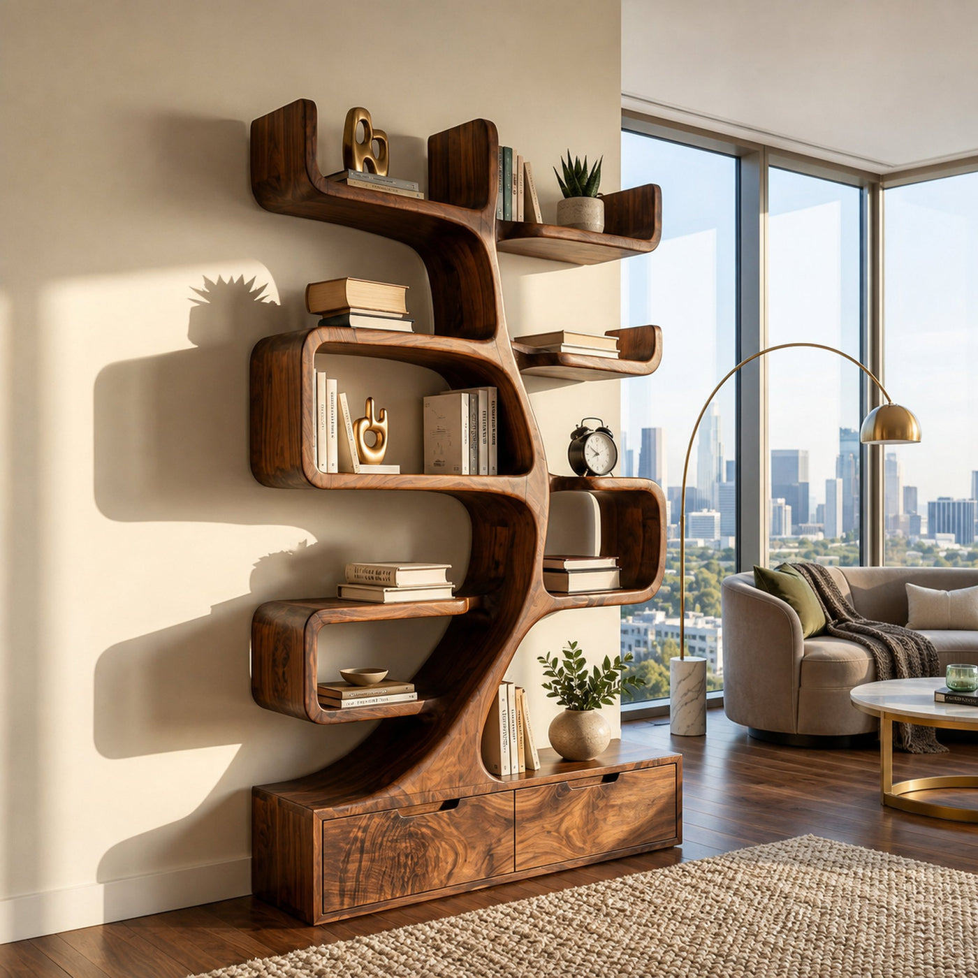 Wooden Bookcase With Tiers And Built-in Drawers For Home - product view 6