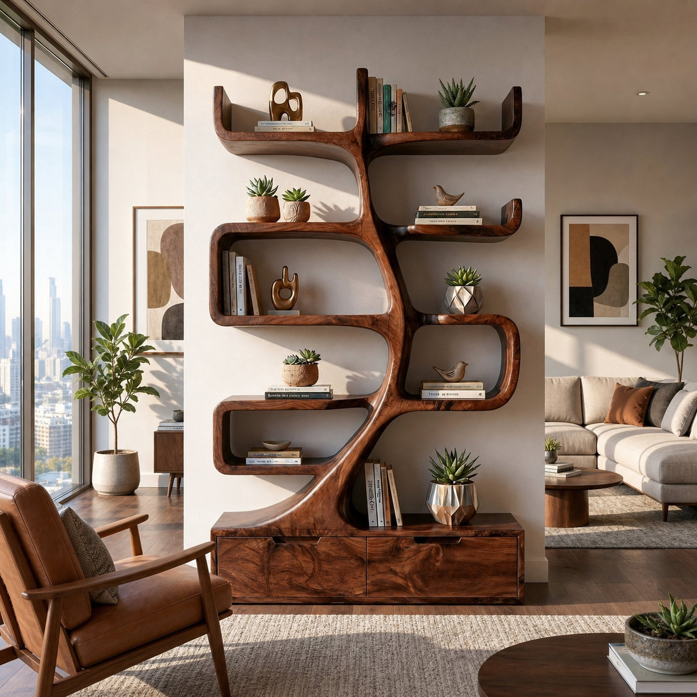 Wooden Bookcase With Tiers And Built-in Drawers For Home - product view 7