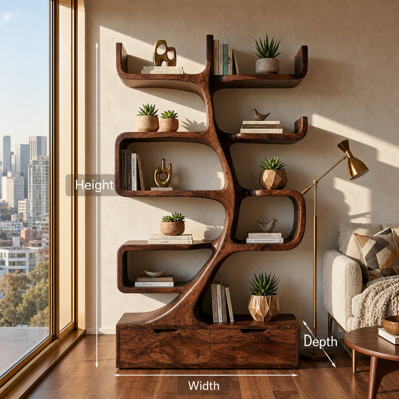 Wooden Bookcase With Tiers And Built-in Drawers For Home - product view 8