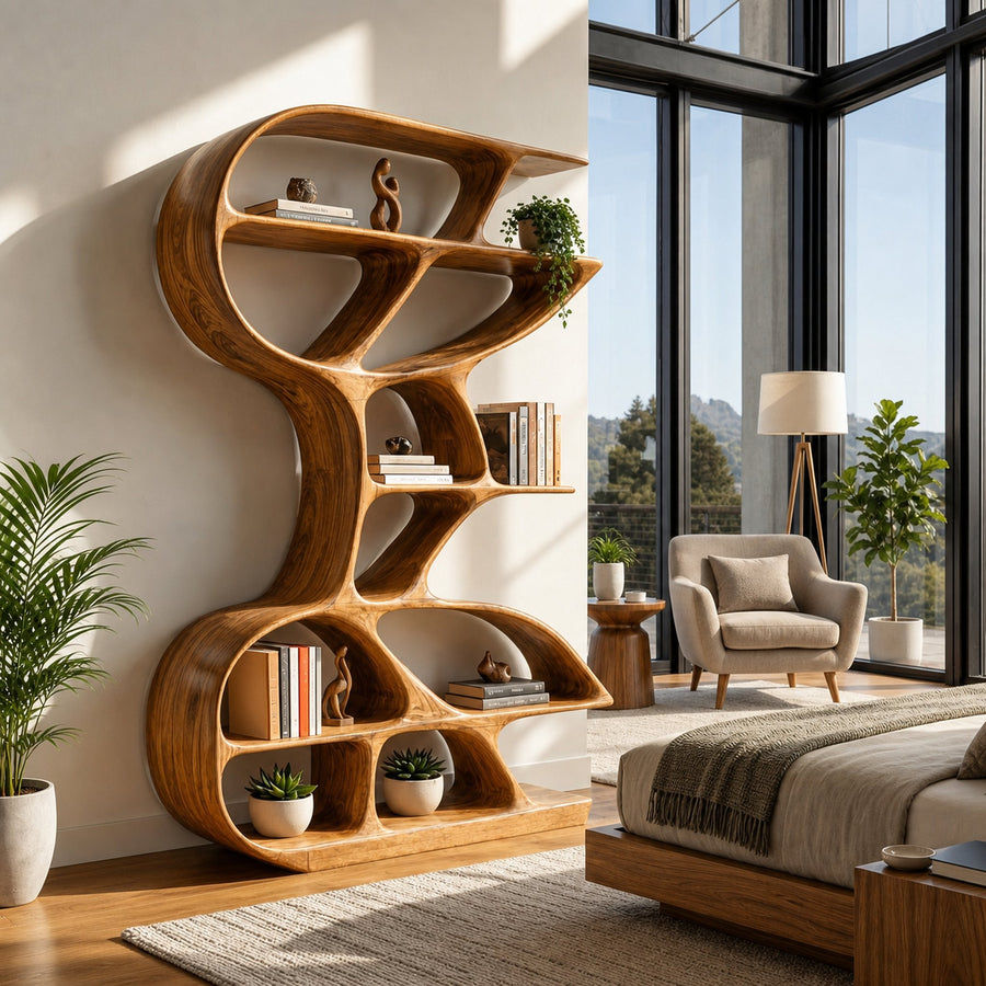 Wooden Bookshelf Unique Sculptural Design For Modern Living Room