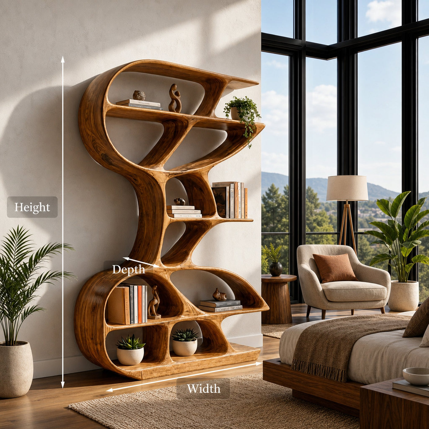 Wooden Bookshelf Unique Sculptural Design For Modern Living Room - product view 8