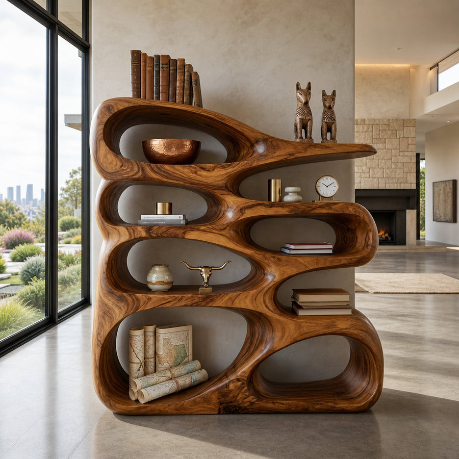 Wooden Bookshelf With Displaying Books And Collectibles For Living Room
