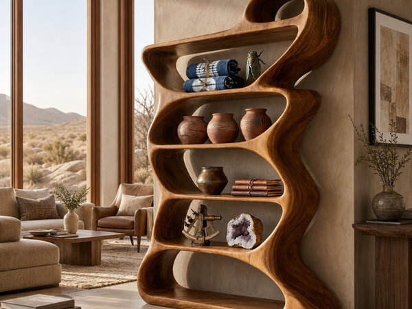 Wooden Bookshelf With Flowing Sculptural Silhouette For Living Room