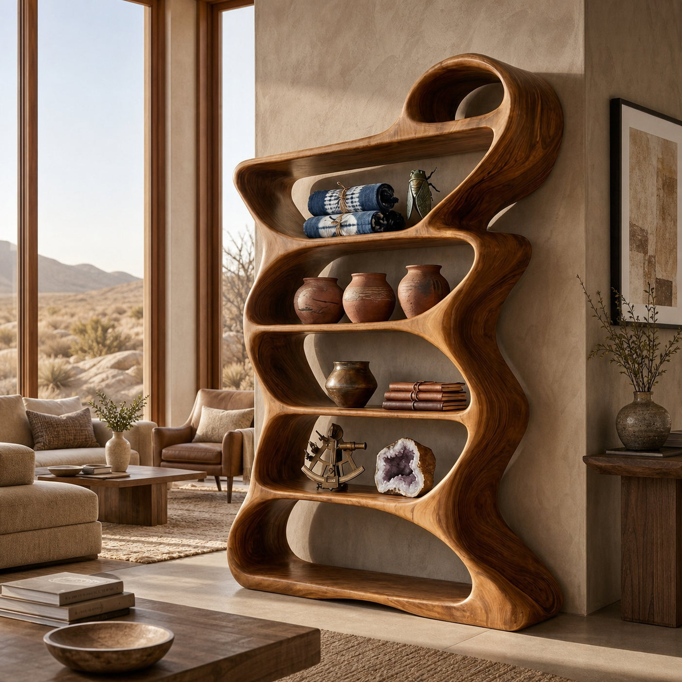 Wooden Bookshelf With Flowing Sculptural Silhouette For Living Room