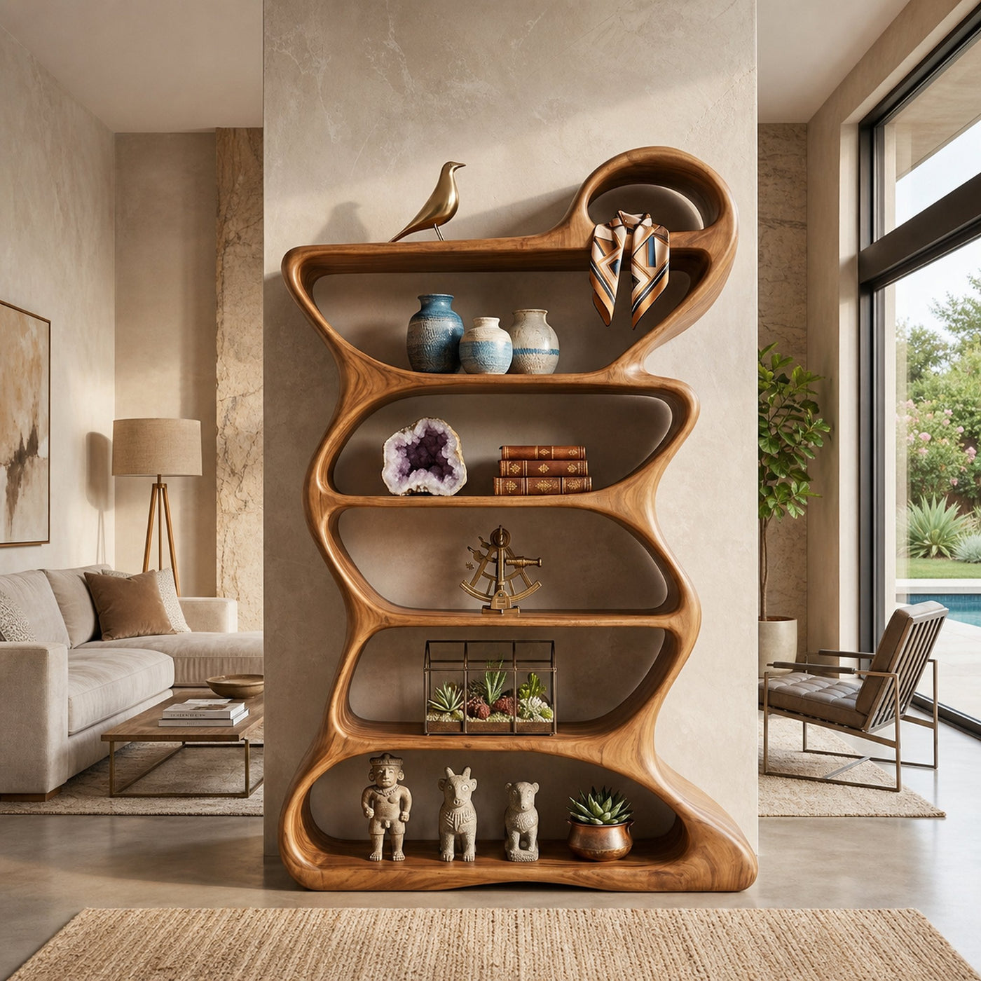 Wooden Bookshelf With Flowing Sculptural Silhouette For Living Room - product view 6
